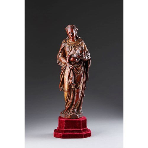French Renaissance Carved and Stained Boxwood Devotional Figure of the Virgin and Christ Child